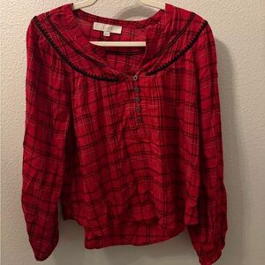 LOFT Red Checkered Blouse with Black Trim